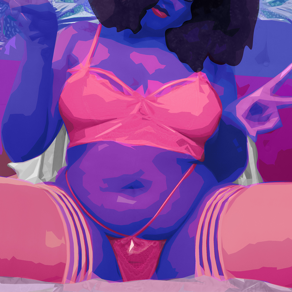 "Stonerdomme (they/them) holds up two peace signs to the camera with their legs spread. Dressed in yellow lingerie, Stonerdomme is a Black, dark-skinned fat person with pink and purple-dyed natural hair, a belly, curves, and a devilish smirk."