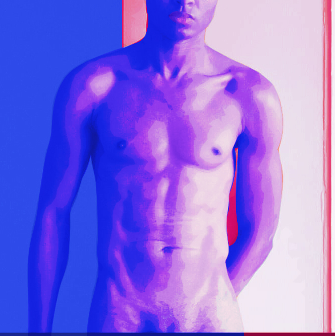 Lync: "A naked, thin, muscular Black man stares into the camera. The image is cropped at the edge of his groin, revealing the faintest suggestion of genitals.